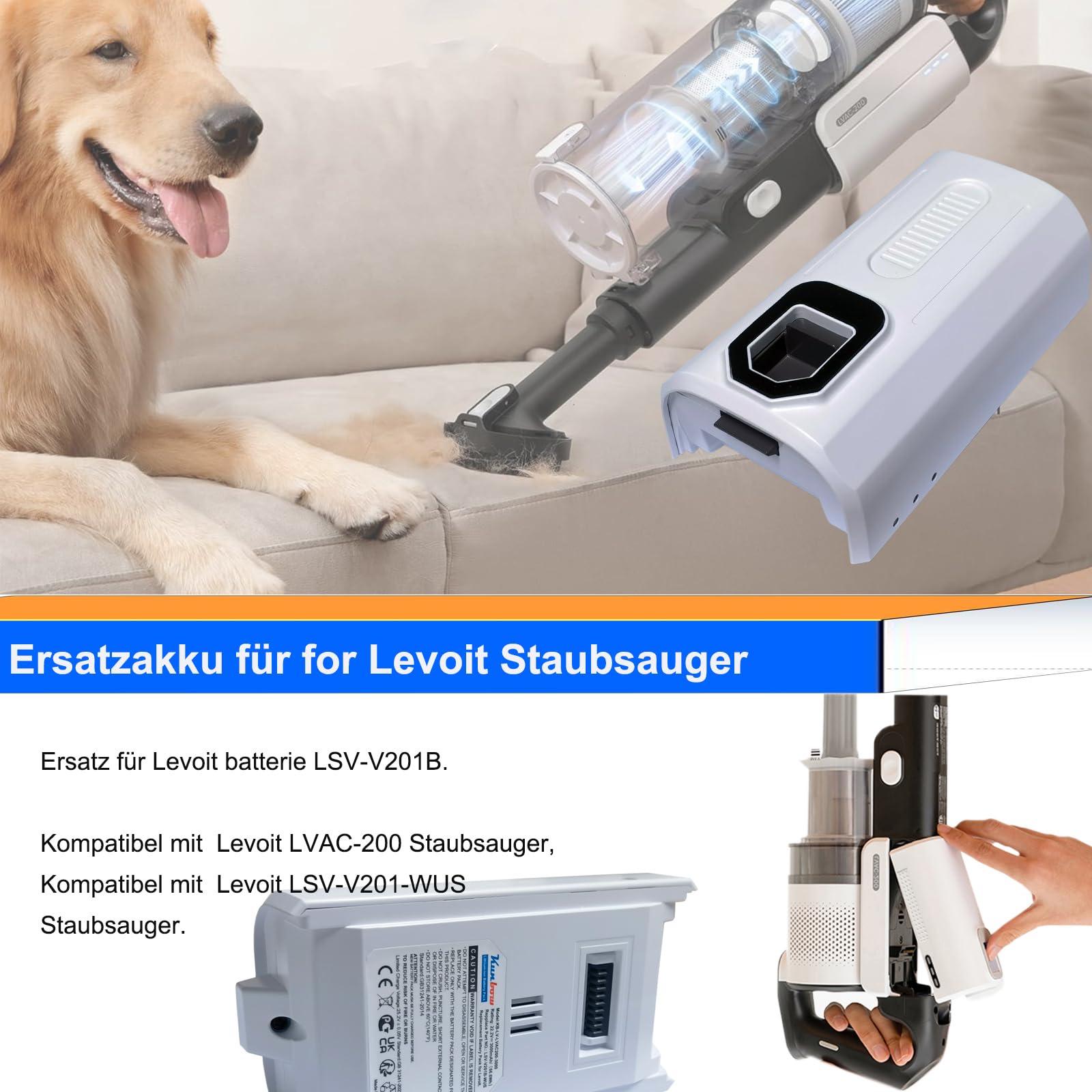 3000mAh Ersatzakku für Levoit LVAC 200, Ersatzbatterie für Levoit LSV-V201-WUS Akku Staubsauger, Ersatz für Levoit Batterie LSV-V201B. (22.2V/66.6Wh)