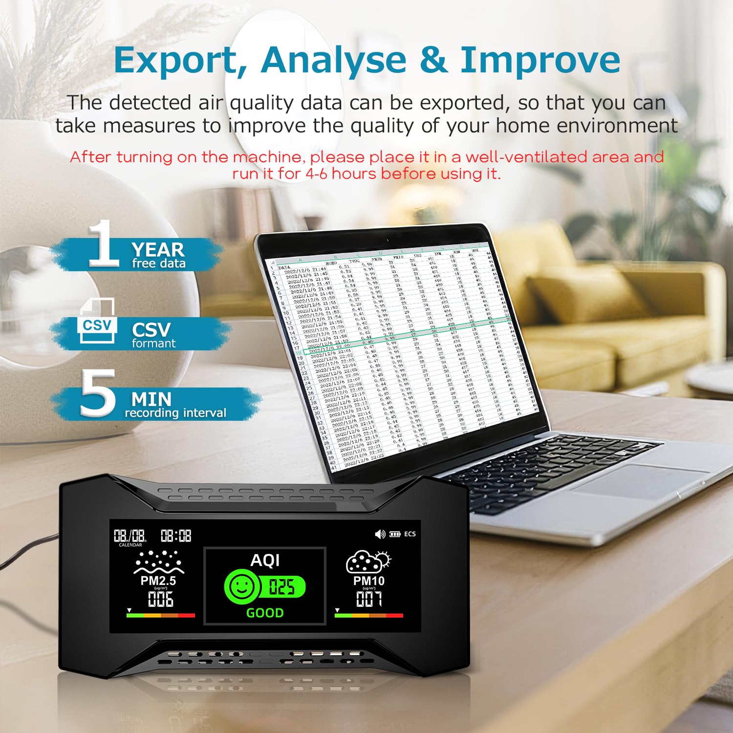 CF-20 DL 10-in-1 Monitor Della Qualità Dell'Aria Interna Con 1 Anno Di Dati, Rileva AQI, CO2, TVOC, HCHO, PM2.5, PM10, Temperatura, Umidità, Avviso Visivo e Acustico Del Rilevatore Di CO2