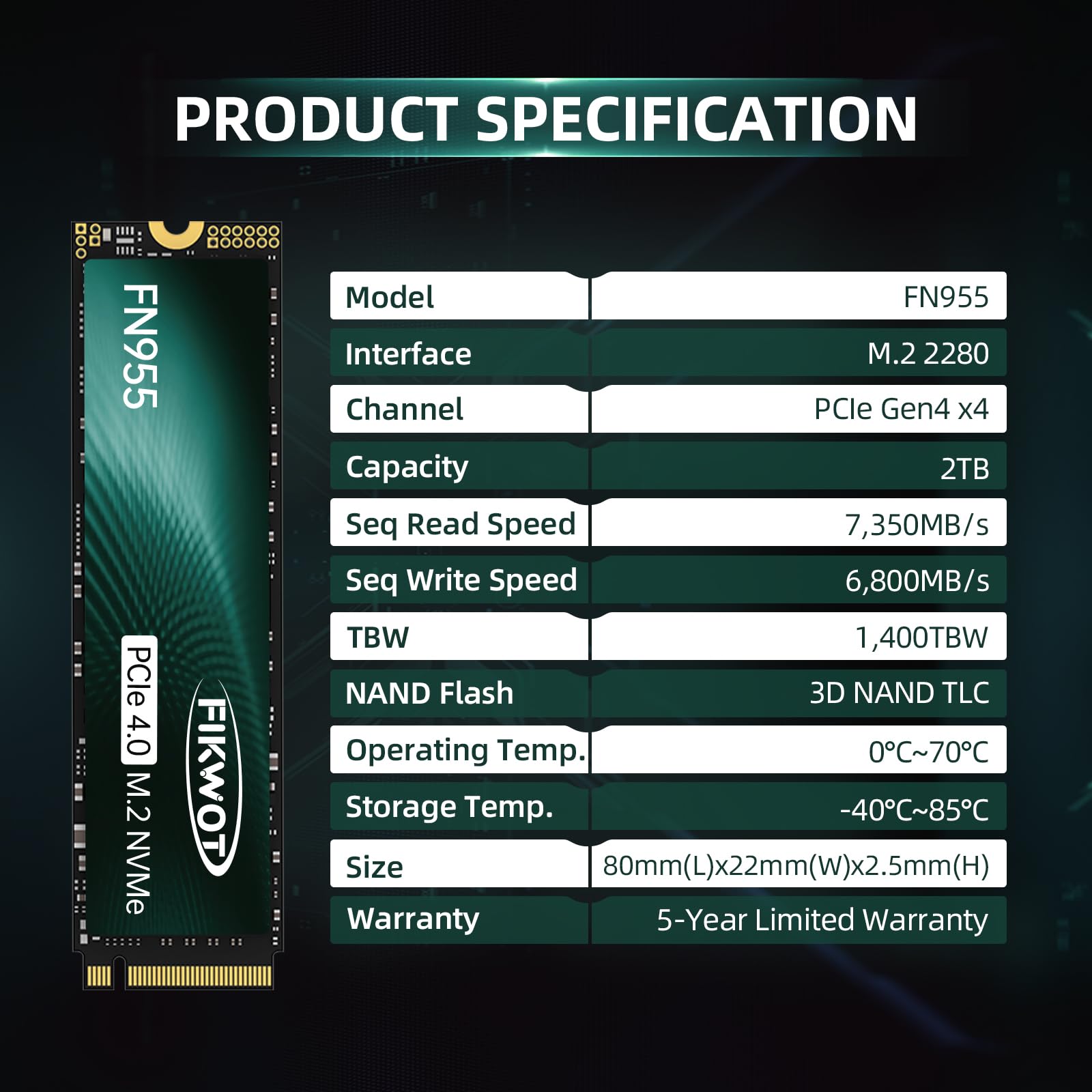 Fikwot FN955 2TB M.2 PCIe Gen4 Unità interna a stato solido da con adesivo di raffreddamento in grafene - Fino a 7350MB/s, Cache SLC dinamica, Compatibile con Laptop e PC Desktop