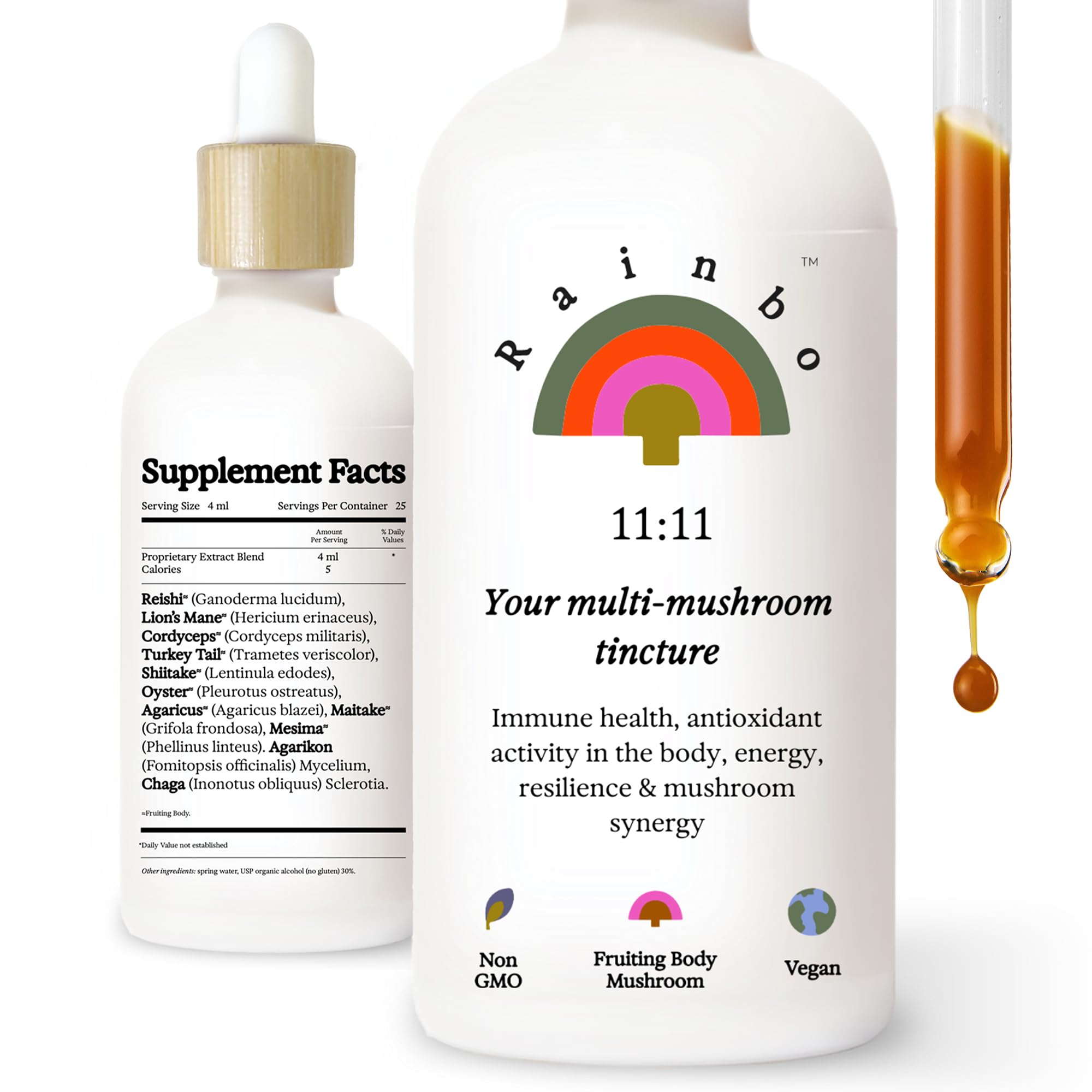 Rainbo 11:11 Multi Mushroom Tincture, Dual Extract Mushroom Supplement for Comprehensive Immune Support, Brain Support, Liquid Lion's Mane & Turkey Tail, Vegan, Non GMO, 3.4 fl oz