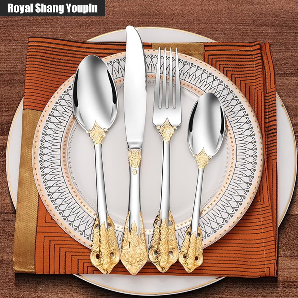 Vintage en Relief Ou Fleur Cuisine en Acier Inoxydable Argenterie Vaisselle Couverts Ensemble De Couverts Couteau À Steak Fourchette Cuillère Cuillère À (Or, Argent,16 pièces)
