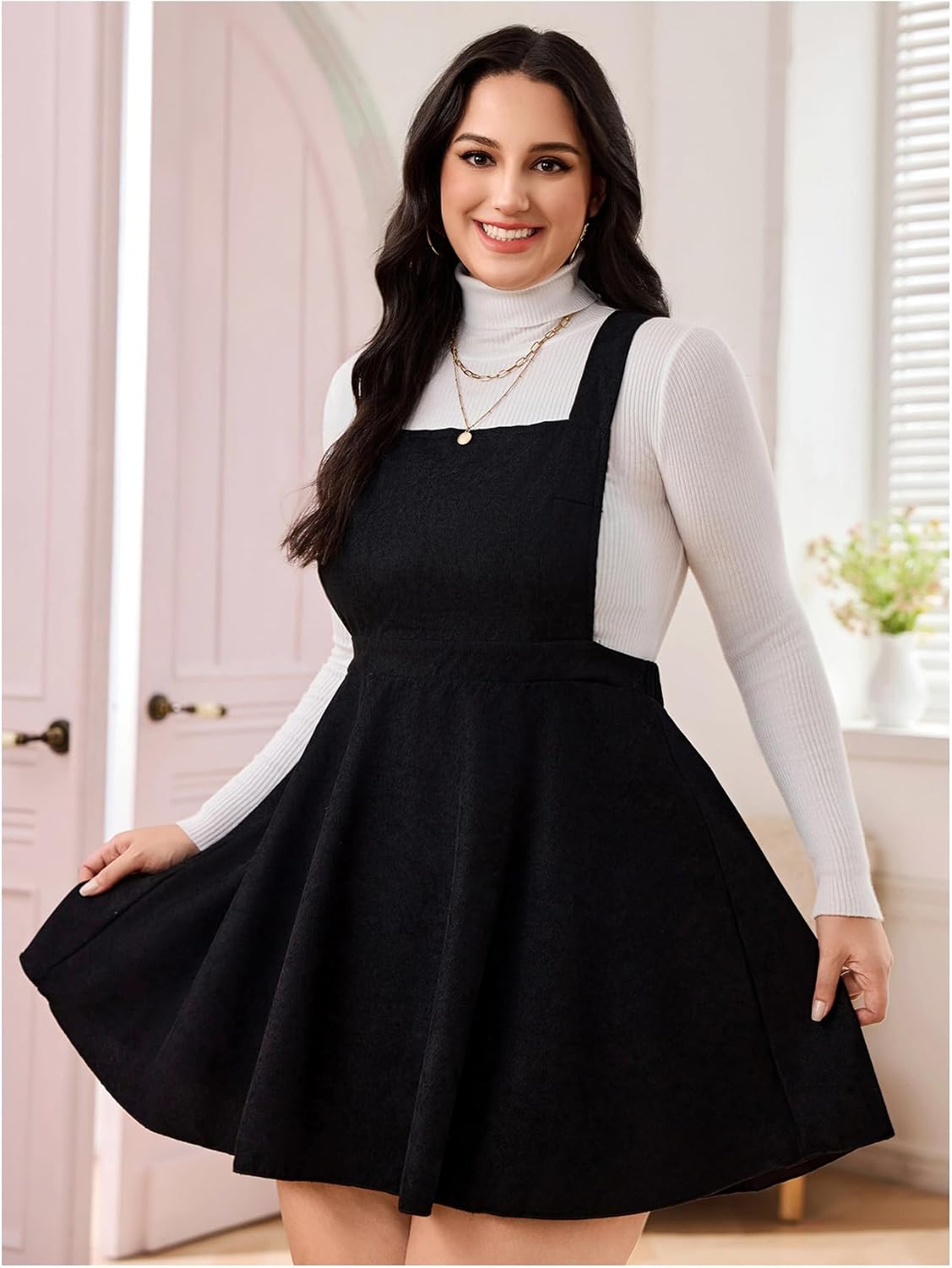 WDIRARA Women's Plus Size Criss Cross Corduroy Overalls Flare Hem Pinafore Short Dress - Image 6