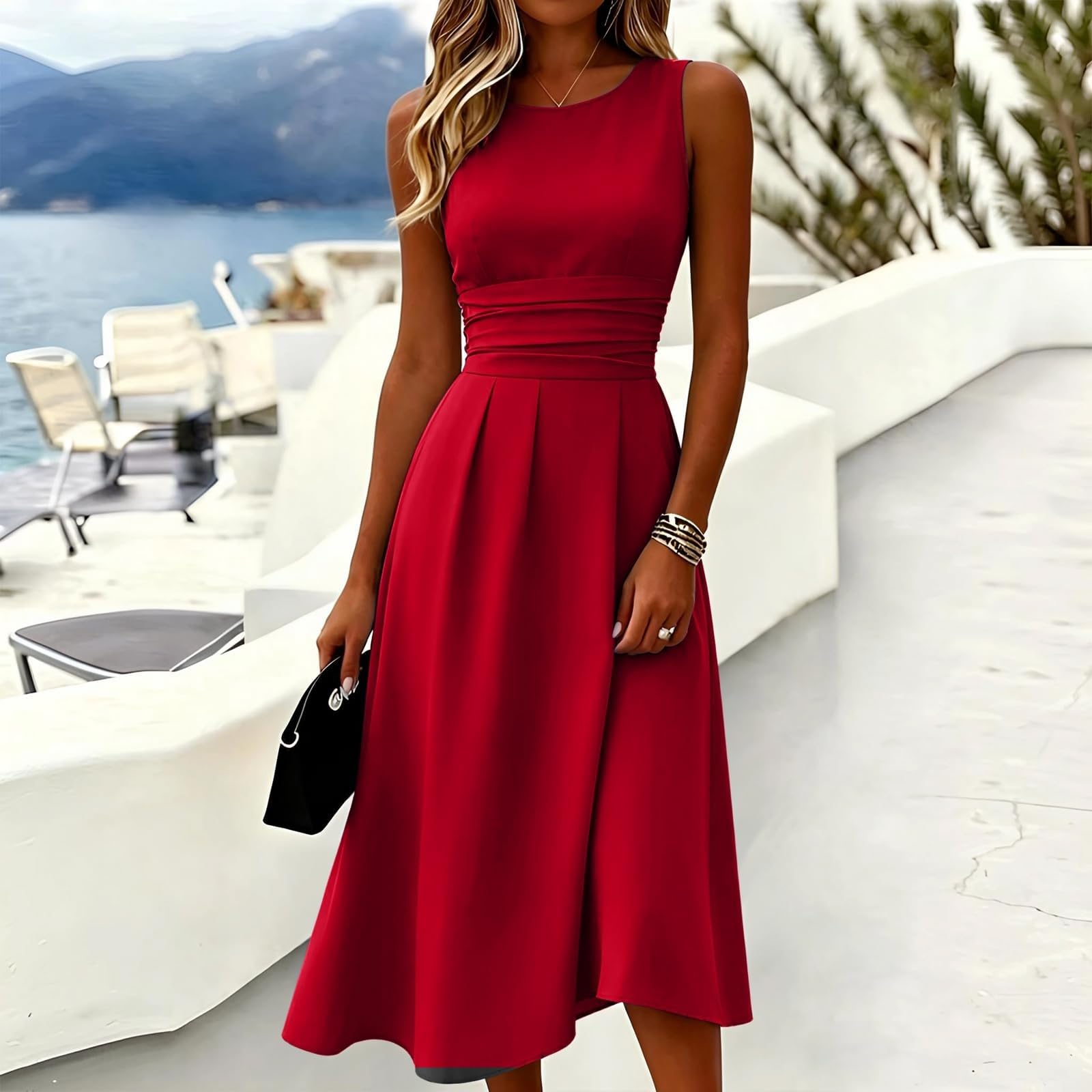 Vestido de verano una línea hasta la rodilla, vestido midi de verano, cuello redondo, vestido de tirantes, sin mangas, vestido de noche, sin mangas, ajustado, informal, elegante, festivo