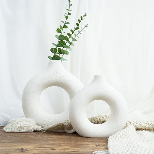 Fixwal Juego de 2 jarrones de cerámica, jarrones blancos para decoración, jarrones redondos huecos de hierba de las pampas, jarrones decorativos