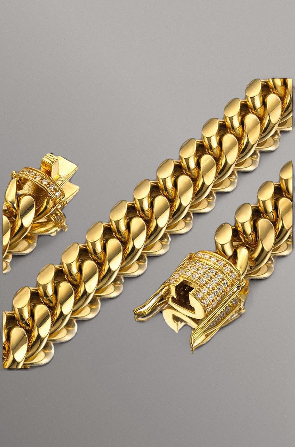 Mens Miami Cuban Link Chain 18K Gold 15mm Stainless Steel Curb Necklace with cz Diamond Chain Choker