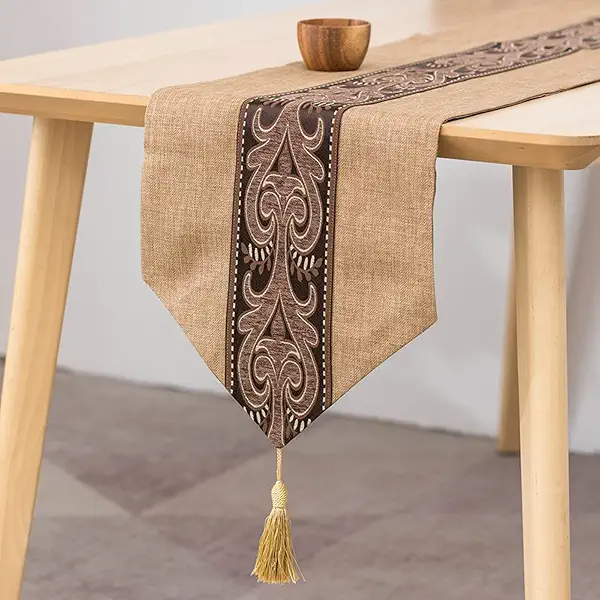 Decorative Table Runner, Coffee Floral Patchwork Pattern with Tassel, Linen Table Runner for Buffet Parties and Weddings, 32.5 x 220 cm