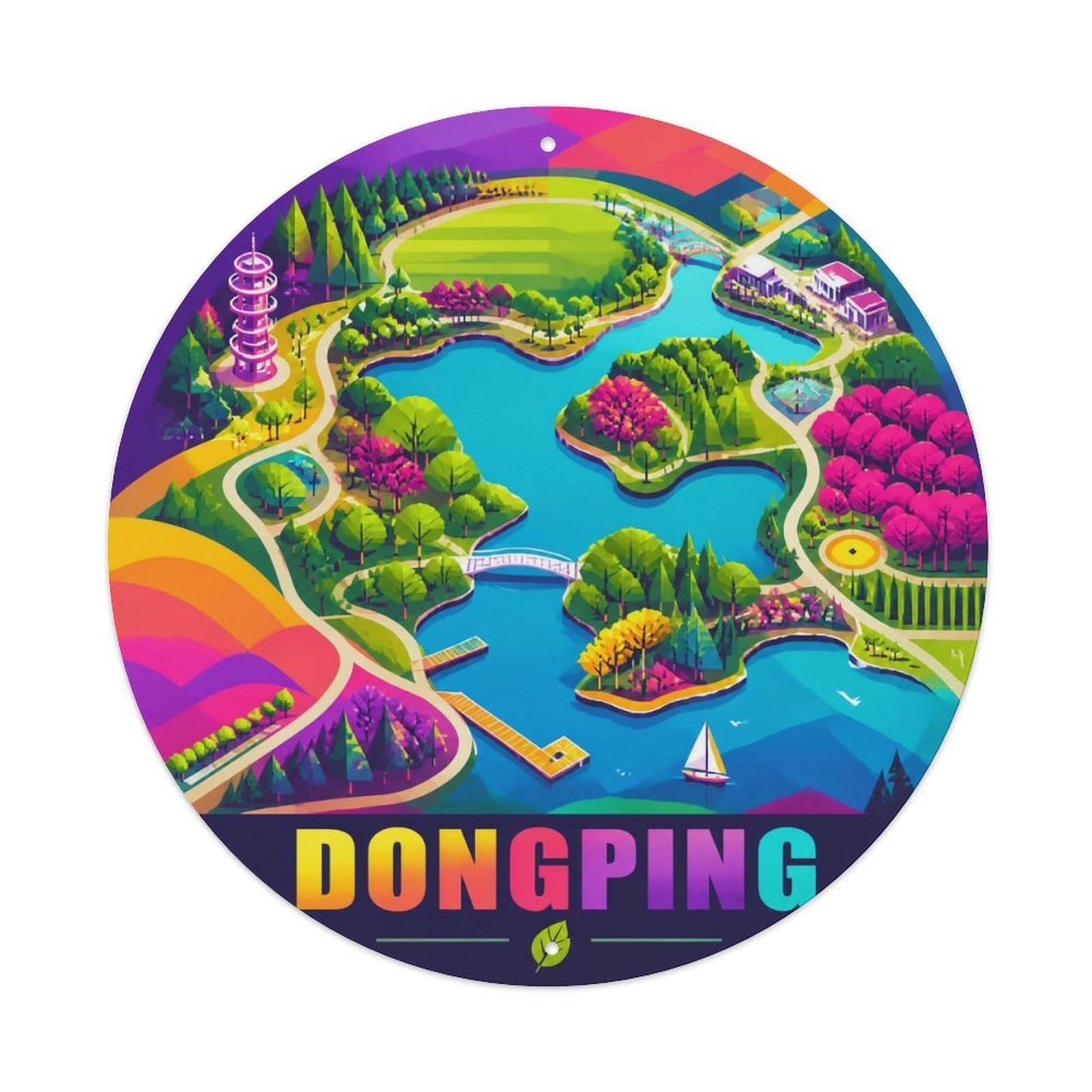 Okngb Style Retro Landmark Shanghai Dongping Forest Color Blocks Metal Tin Sign Plaque Wall Decor For Cafe, Man Cave, Club Bar, Office, Home Garden Round Metal Poster 8X8inch