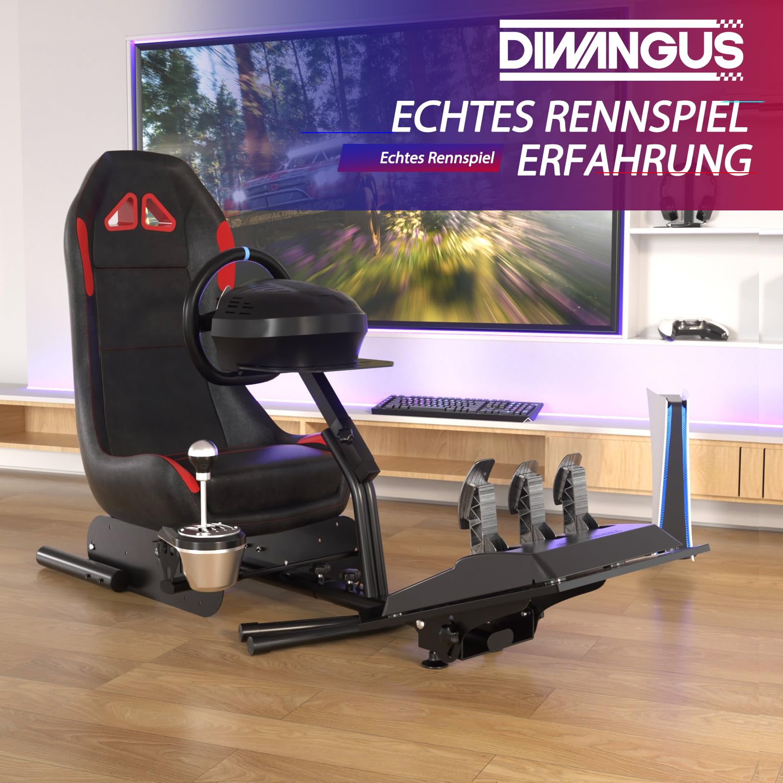 DIWANGUS Lenkradständer,Racing Wheel Stand mit Sitz Gaming Chair Fahrcockpit, Racing Seat für Logitech G923 G920 G29 G27 G25 & Thrustmaster T248X T248 T300Rs TX T150 PS4 PS5