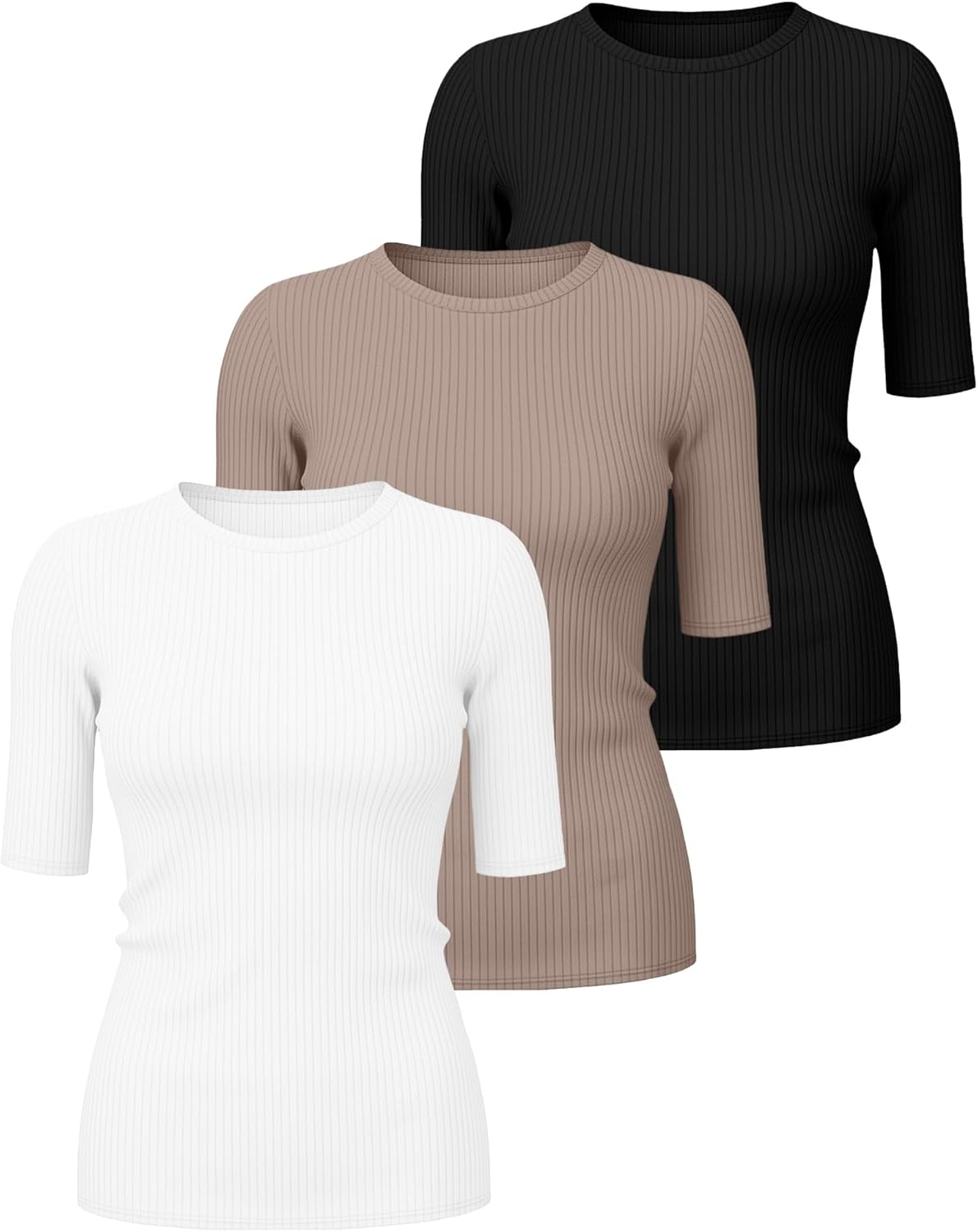 Riyiper 3 Pack Women's Half Sleeve Tops, Elbow Length Ribbed Cotton T Shirt Crew Neck Summer Tee Slim Fit Casual Blouses - Image 3