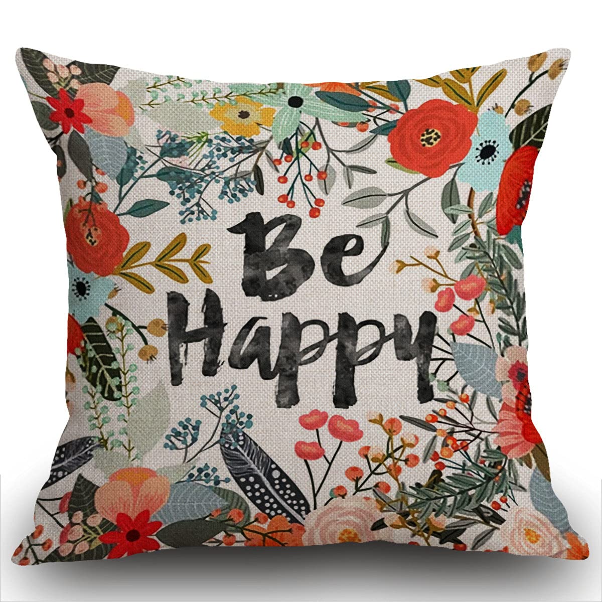 Smooffly Be Happy Cushion Cover Cotton Linen Home Farmhouse Decor Pillowcase Throw Pillow 18 x 18 Inches Inspirational Letters with Beautiful Flowers Leaves