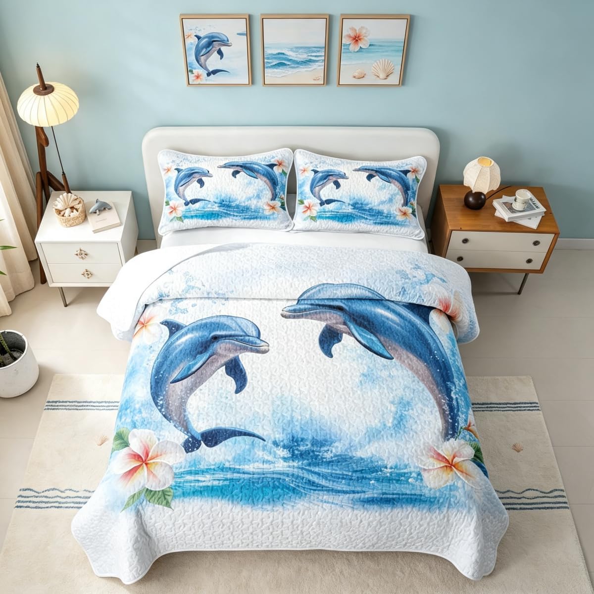 Dolphins King Quilt Bedding Set Tropical Ocean Flowers Quilt Bedding Nautical Sea Animal Bedspread Coverlet Beach Coastal Sea Quilted Comforter Soft Lightweight Quilted Blanket for Boys Girls