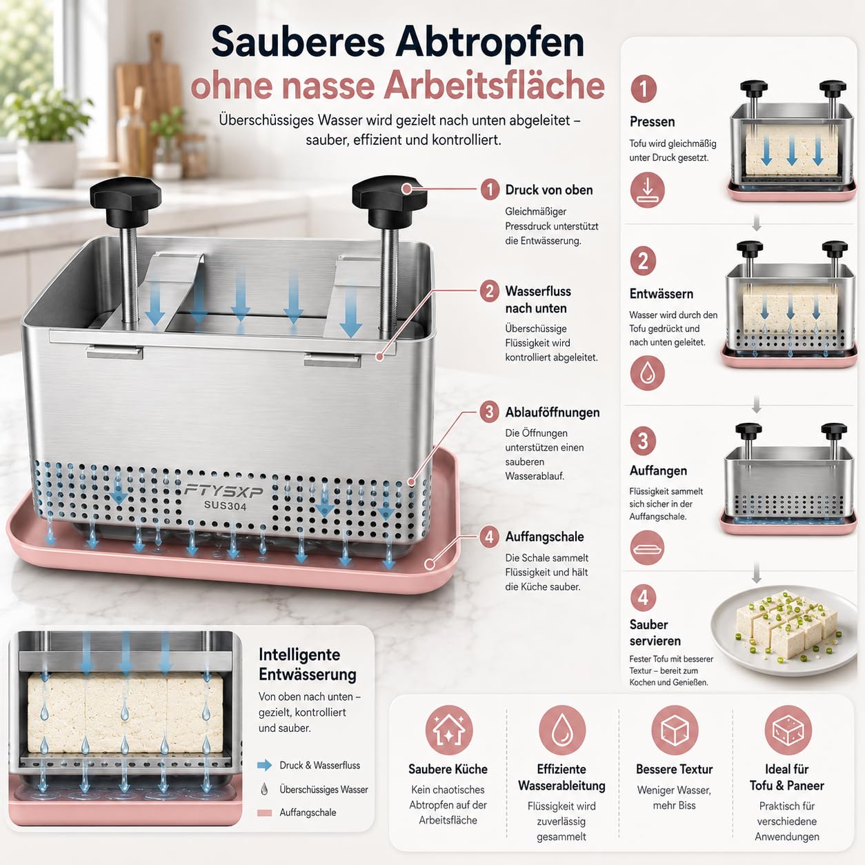 Tofu Presse à Tofu en Acier Inoxydable 304 pour accélérer l'élimination de l'eau de la Soie en 10-30 Minutes pour Tofu Solide ou Extra Ferme sans Fissure sans BPA (25x16x13 cm)