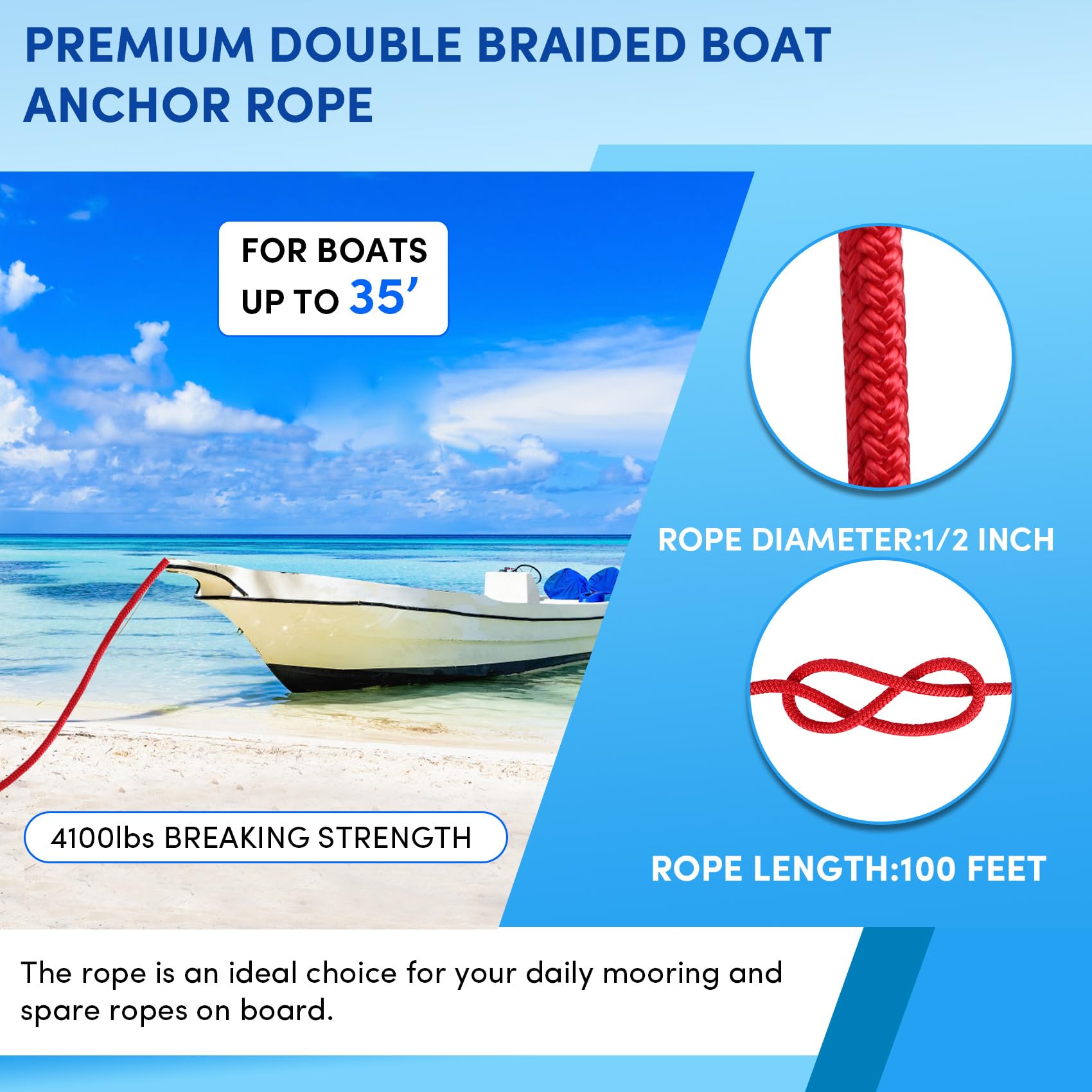 VEITHI Boat Anchor Rope 100 ft x 1/2 inch Red, Double Braided Anchor Line with Stainless Steel Thimble & Shackle, Marine Rope Ideal for Towing,Mooring,Decks,Anchoring,for Boats Up to 35'