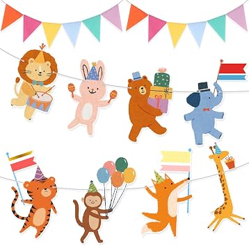2 Pcs Animal Parade Party Banner Set Animals Flag Colorful Pennant Flags for Birthday Hanging Garland Decorations Baby Showers Zoo Jungle Themed Parties Supply