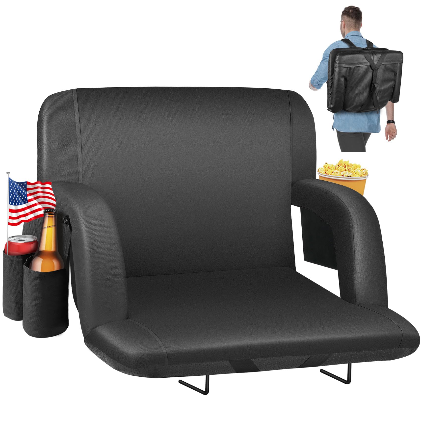 HOPERAN Stadium Seats for Bleachers with Back Support, Half-fold Portable Bleacher Chairs with Back and Cushion, 600D Waterproof Reclining Extra Wide Bleacher Seat for Outdoor Sports