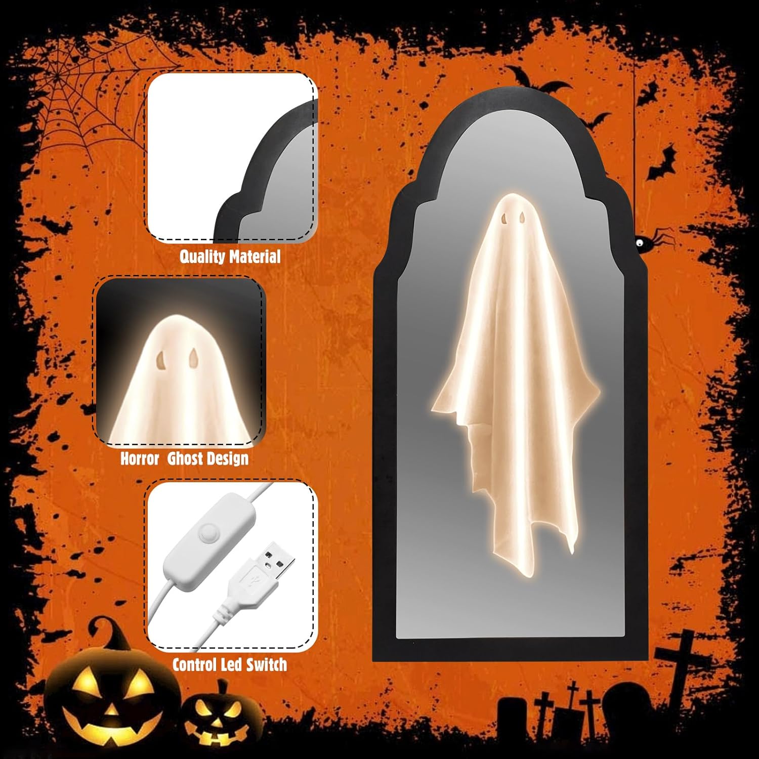 Halloween Gothic Ghost Mirror Decor LED Illuminated Black Frame with White Ghost 19.7x9.45 Inch USB-Powered Indoor Haunted House Decoration