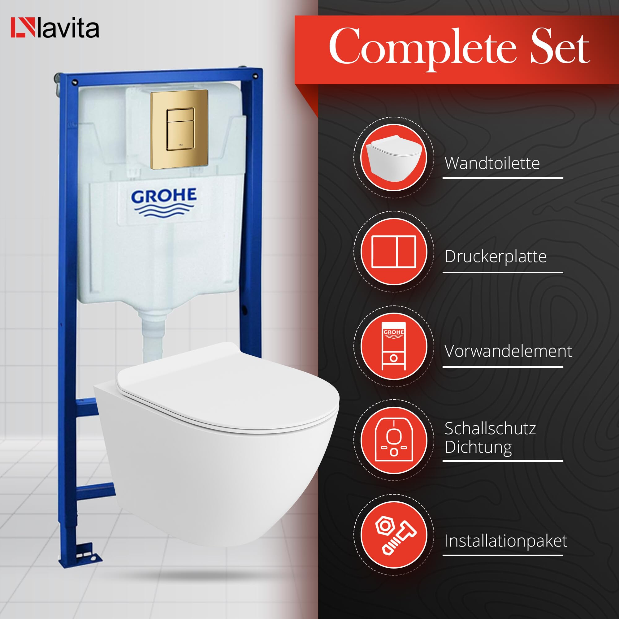 LAVITA | Elemento de pared Solido + pared colgante WC Sofi Slim blanco mate sin bordes + asiento de inodoro SoftClose | Botón dorado | Juego completo | cisterna empotrada | inodoro completo