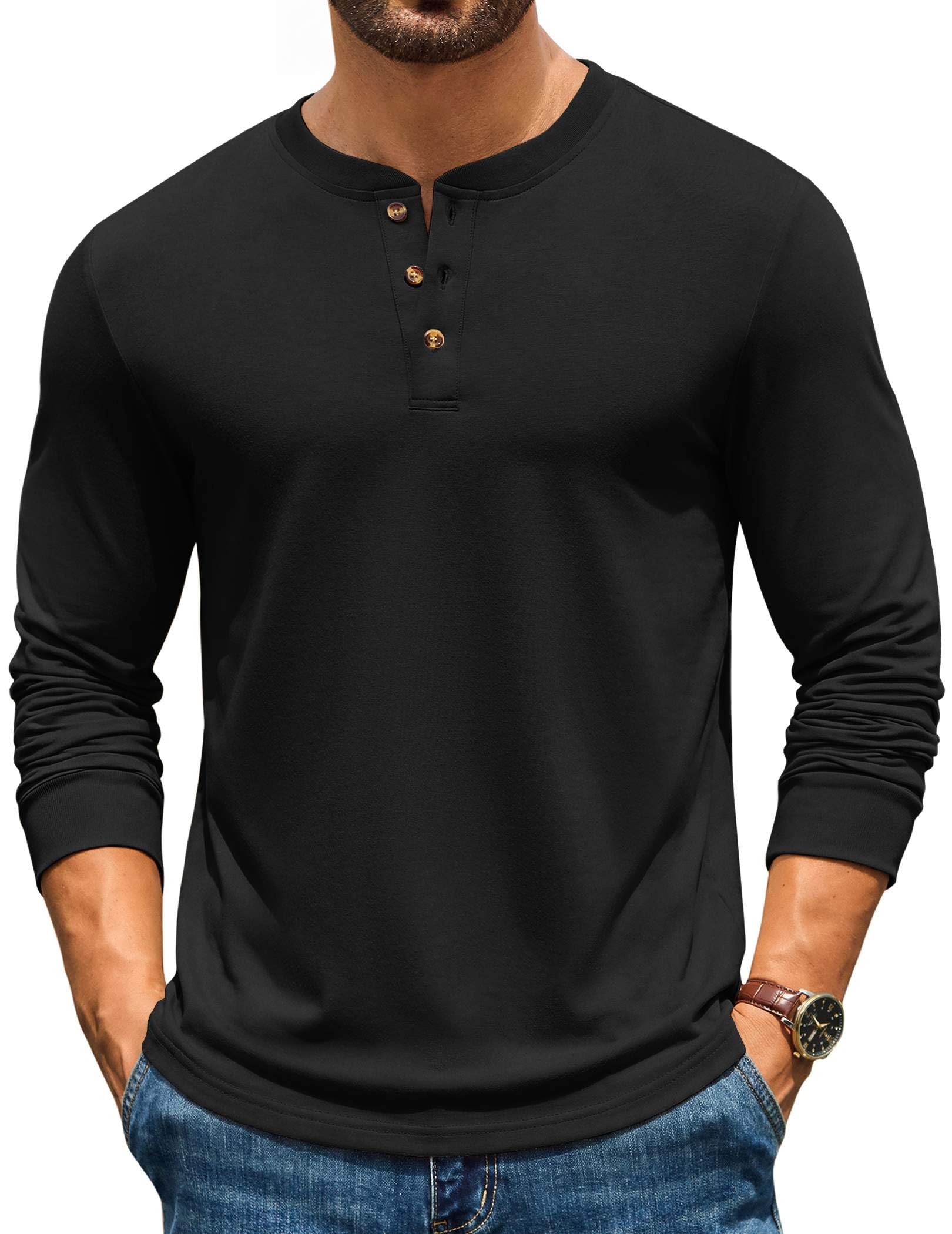 COOFANDY Men's Henley T-Shirts Long Sleeve Casual Pullover Shirt Basic Tops | Soft stretchy 3-button henley lightweight long sleeve solo or layer daily office travel fall winter multiple color options