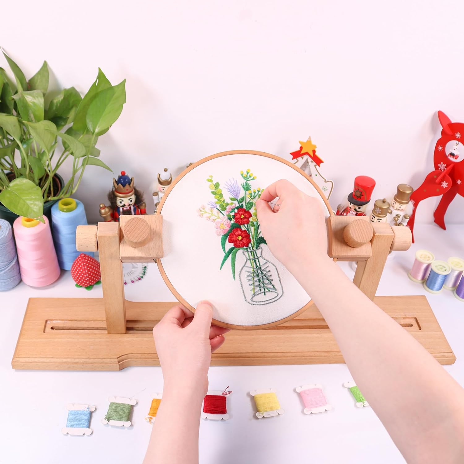 Adjustable Embroidery Hoop Stand, guofa Wooden Cross Stitch Stand Holder for DIY Craft Sewing, Easy Operation Lifesaver Embroidery Supplies