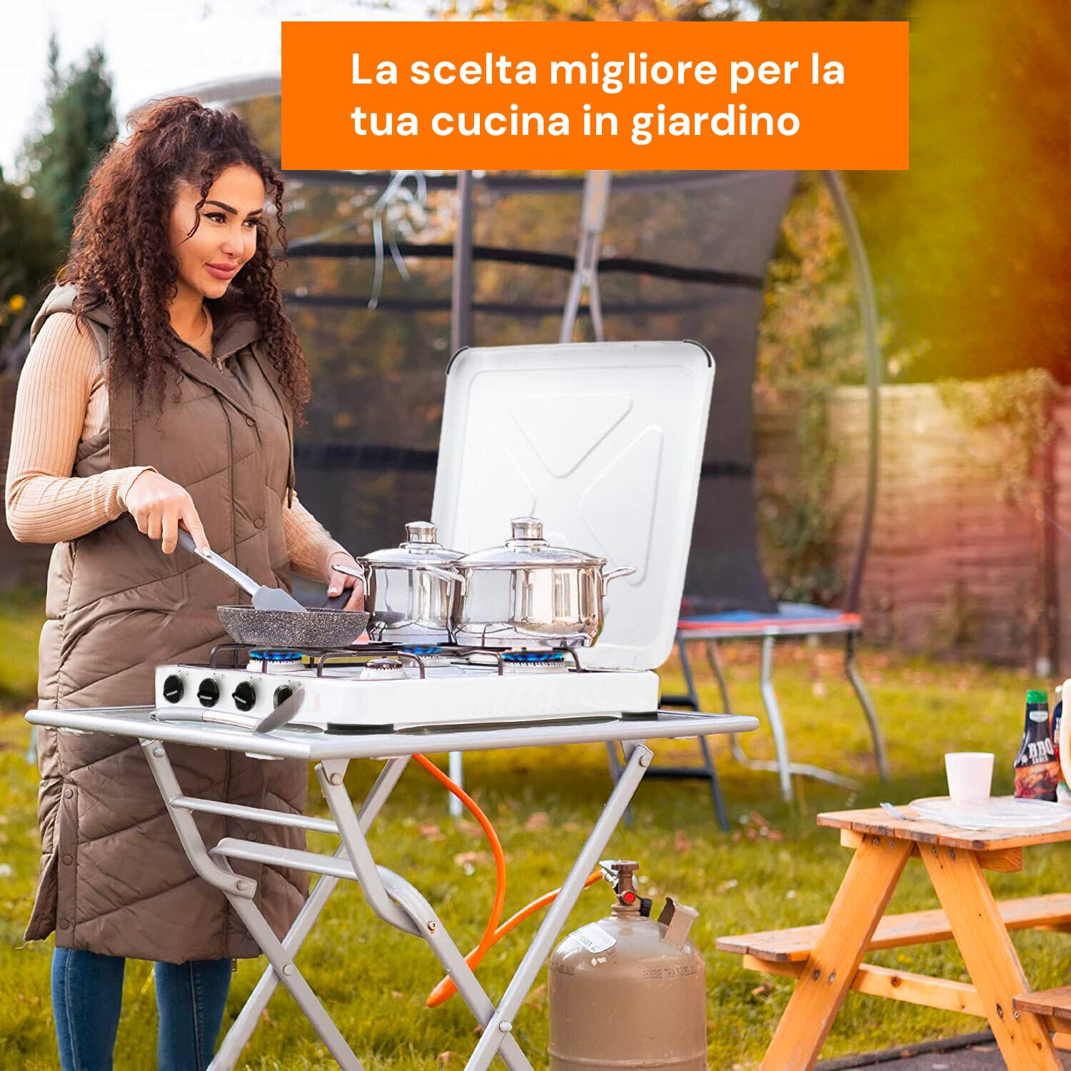 Avilia Fornello a Gas GPL in Acciaio con 2 Fuochi e Coperchio Antipolvere Portatile - Ideale per Cucinare Diverse Pietanze in Spazi Piccoli o all'Aperto - Piedini Antiscivolo e Fiamme Regolabili