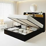 WEEWAY Full Size Velvet Lift Up Storage Bed Frame, Storage Headboard, LED and Charging Station, Hydraulic Support, No Box Spring Needed, Black