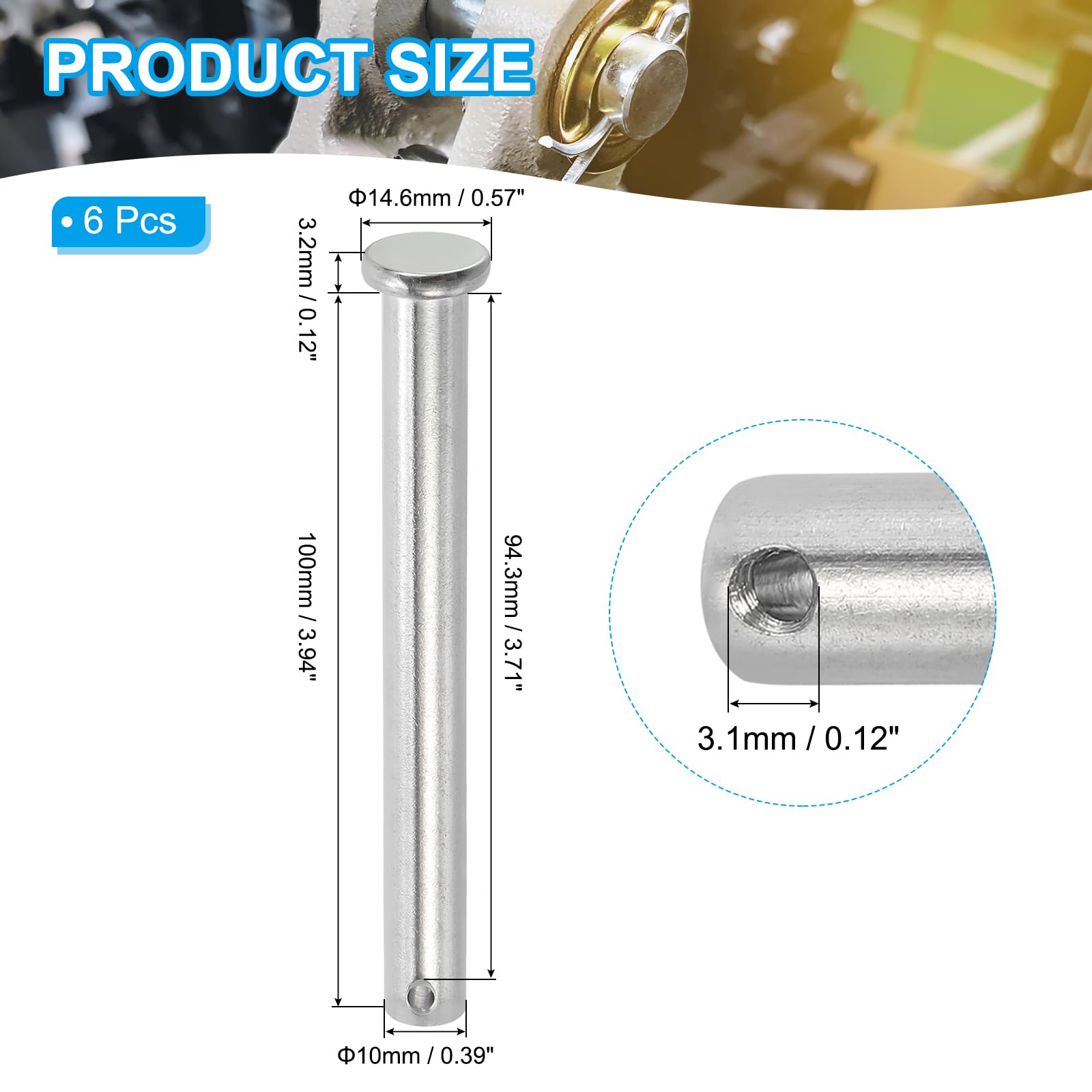 PATIKIL 10 x 100 Mm Single Hole Clevis Pins, 6 Pcs 304 Stainless Steel Flat Head Pin for Hitch Pin Lock Link Hinge Systems Silver - Image 2