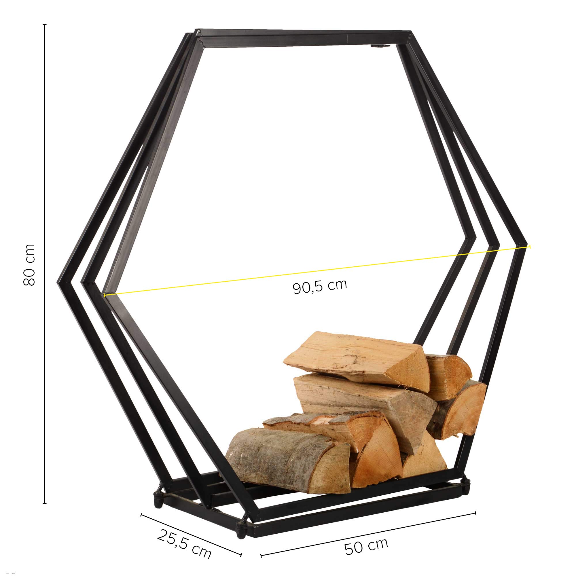 UNUS Regał na drewno kominkowe – stojak na drewno kominkowe bez tylnej ściany, malowany proszkowo, czarny, 90 cm