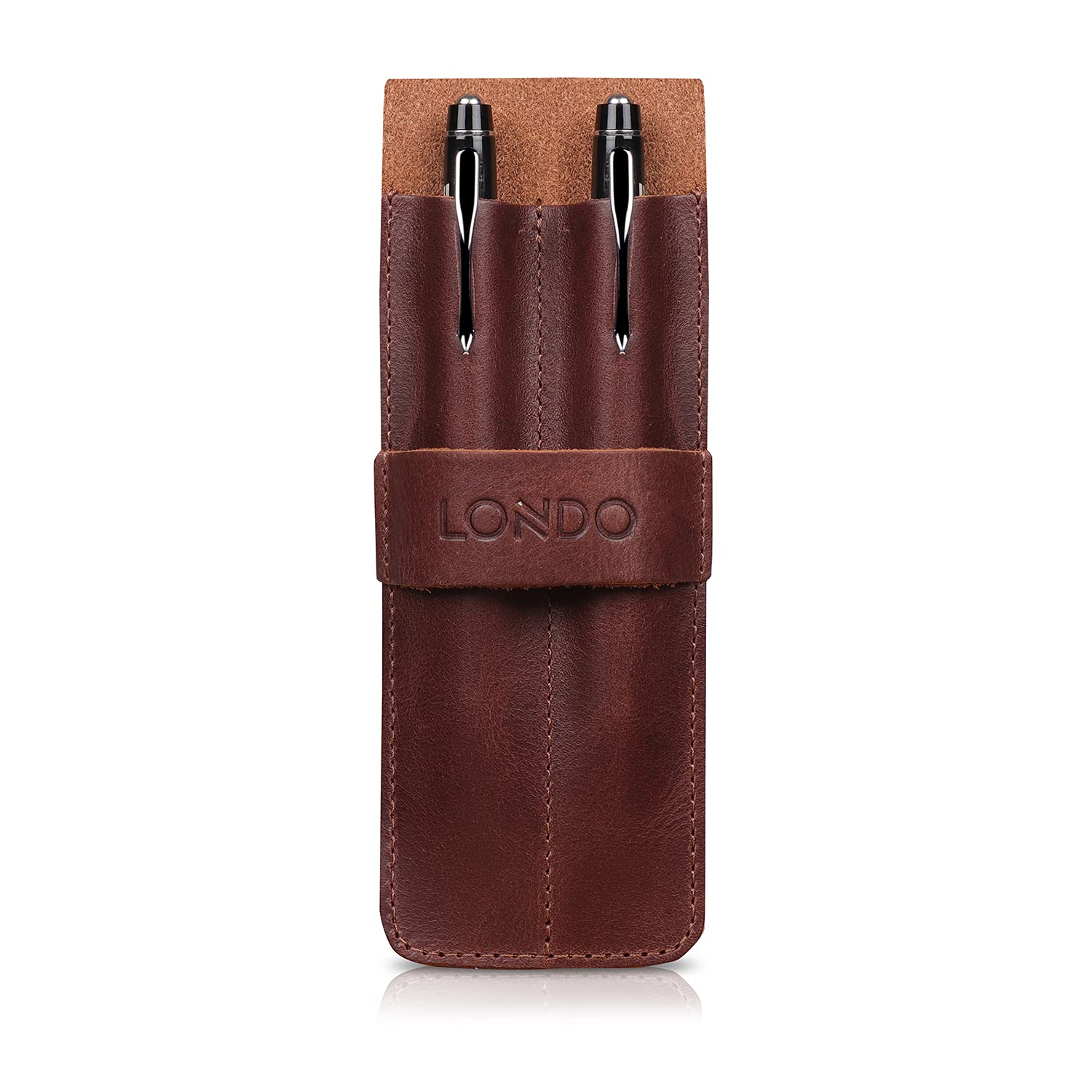 Londo Étui en Cuir Véritable pour Stylos et Crayons avec Rabat Pliant, Trousse de Bureau – Deux Compartiments