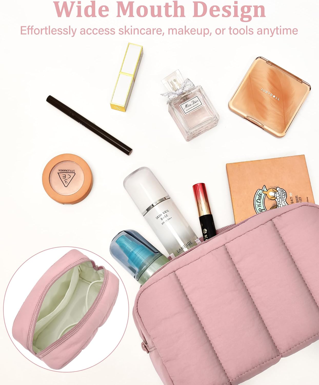 oscaurt 2 Pcs Makeup Bag Travel Toiletry Bag for Women Puffy Padded Cosmetic Pouch Purse Wide-open Makeup Organizer Case Travel Essentials image 5