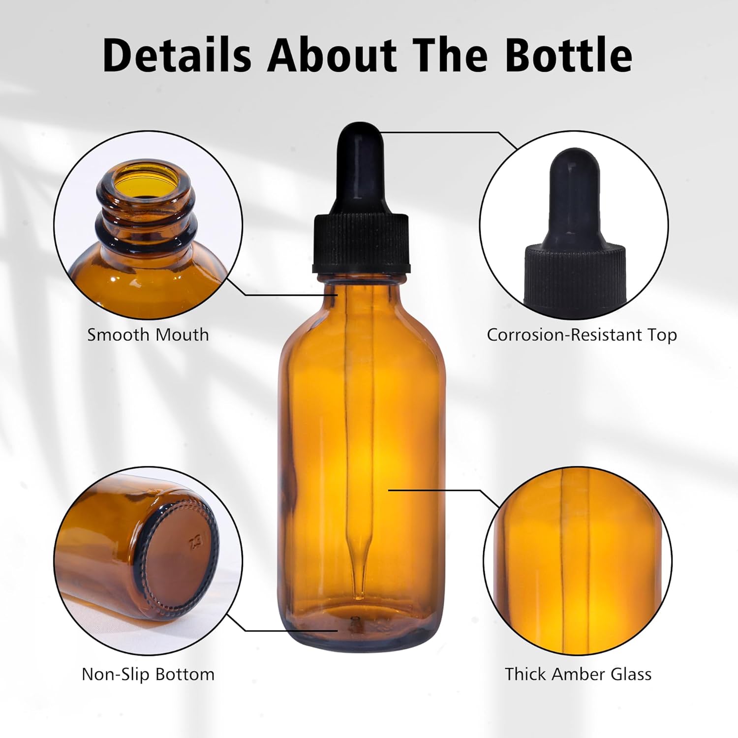 48 Pack 2oz Amber Glass Bottles with Glass Eye Droppers for Essential Oils, Perfumes & Lab Chemicals (Brush, Funnels, 2 Extra Droppers, 54 Pieces Labels & 30ml Measuring Cup Included)
