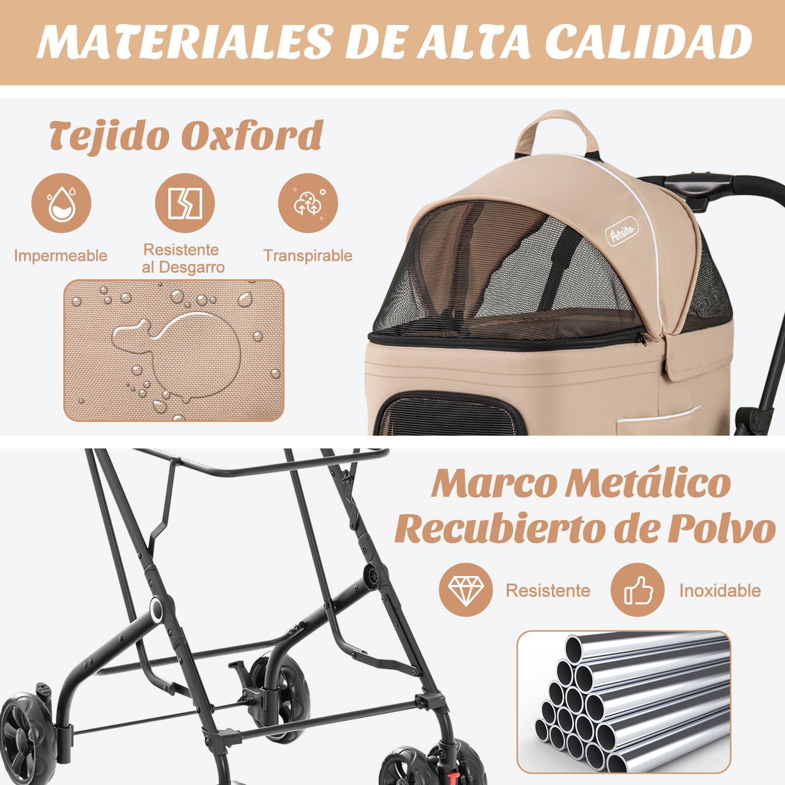 GOPLUS Carrito para Perros Plegable de 2 Niveles, Cochecito para Mascotas 3 en 1 con 2 Compartimentos Desmontables, Carro de Viaje para Gatos, Ruedas con Freno, Cojin Desmontable, 67×98×88cm (Beige)