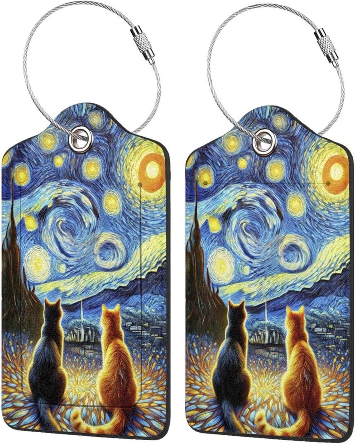 2 Pack Luggage Tags for suitcases TSA Approved Label Starry Night Cat Baggage Tag Leather Stainless Steel Loop Label Tag for Men Women Travel Bag Suitcase