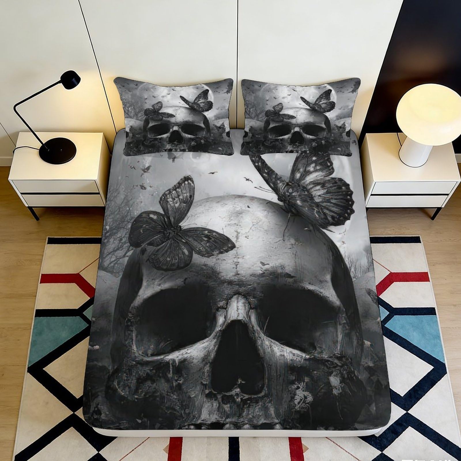 Pnayamiorkfel Style-4 3D Printed Skull Butterfly Fitted Sheet Microfiber Soft Breathable Gothic Art Bed Cover For Bedroom Dorm Mattress Protection 90X200x25cm