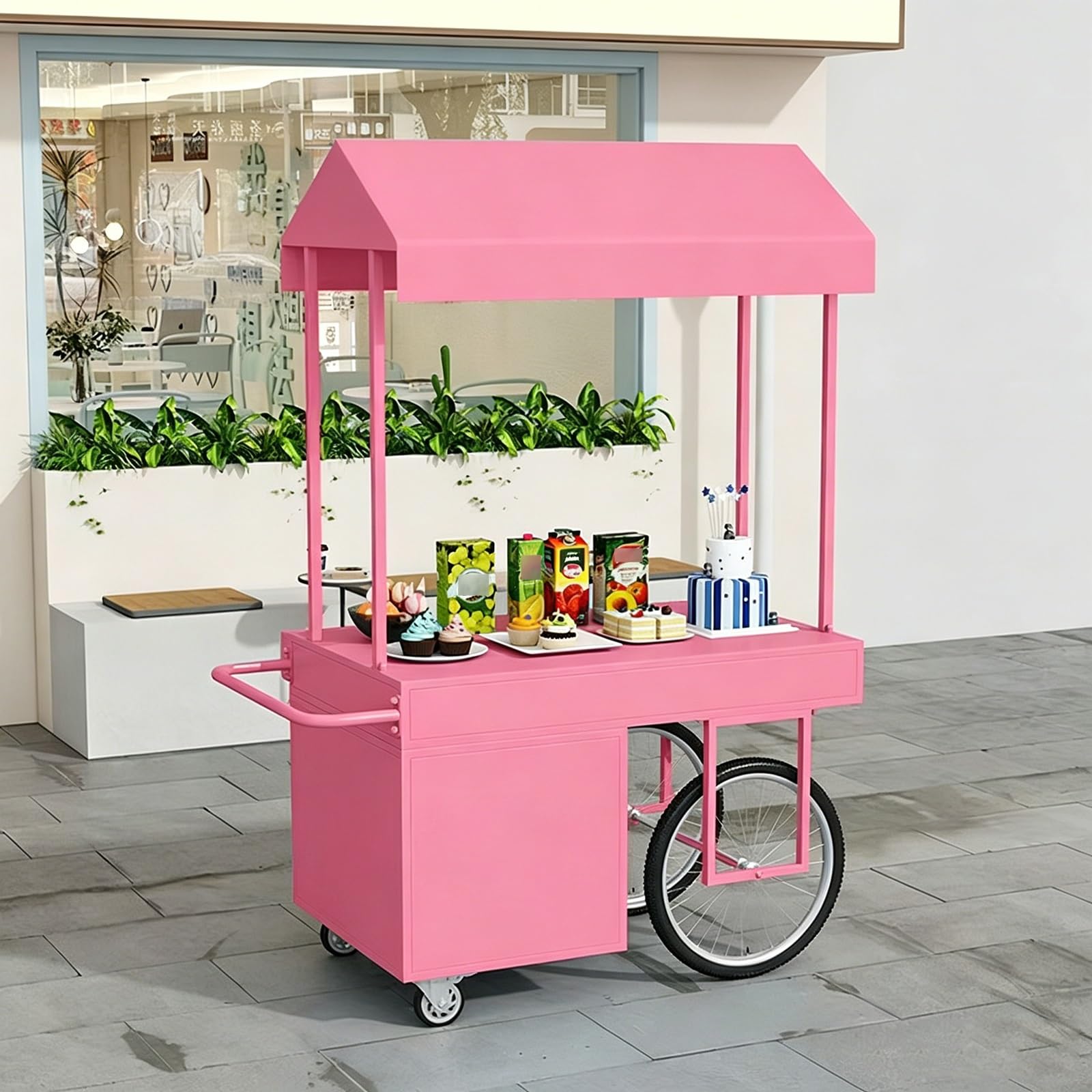 XRRJFYH Mobile Vendor Cart with Canopy - Street Vendor Food Cart, Farmers Market Stand, Portable Display Tables with Wheels, Outdoor Market Stall(Pink,120x60x200cm/47x24x79in)