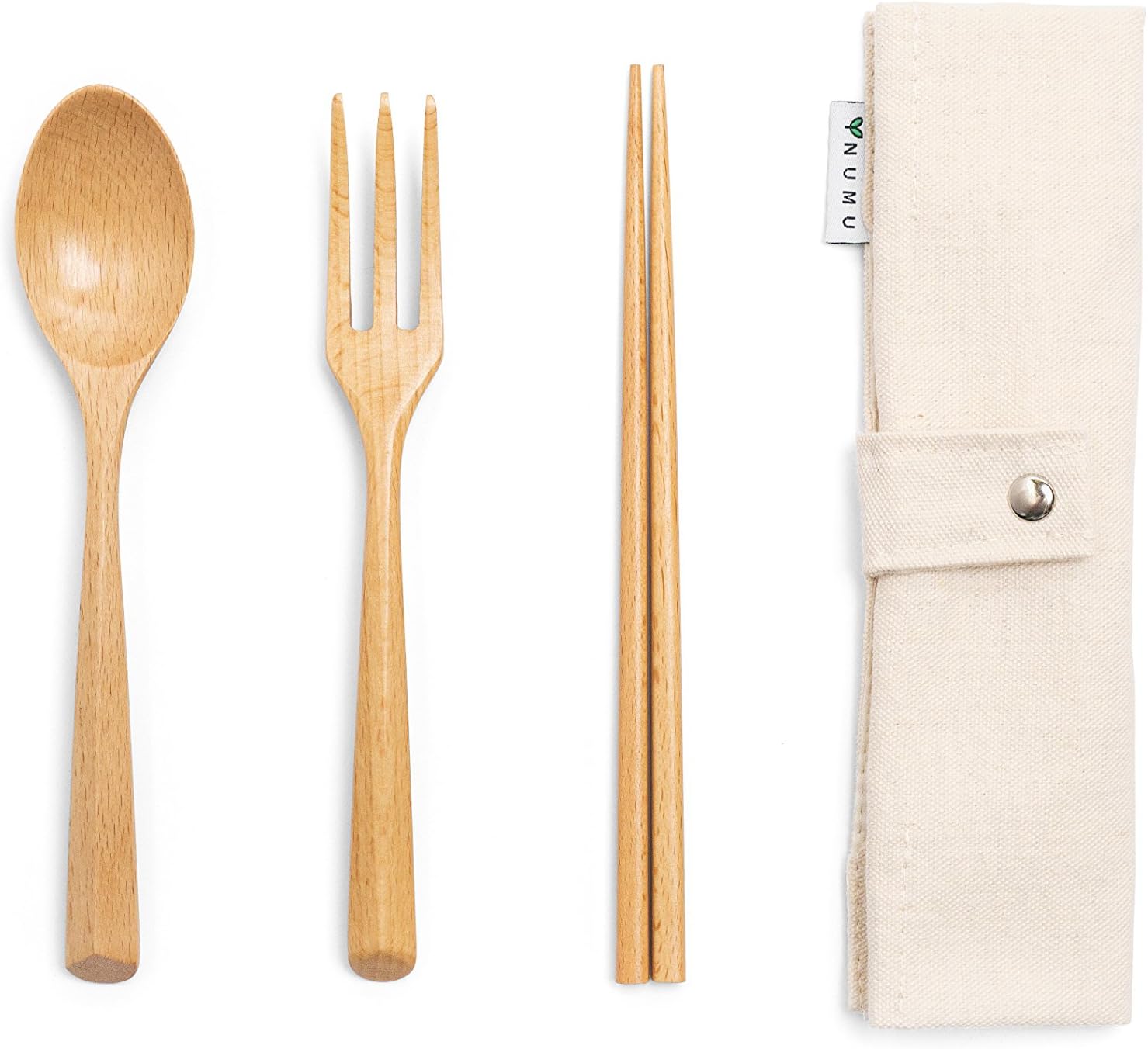 NUMU Wooden Cutlery Set | Travel Utensils Set | Eco Friendly Reusable Flatware | Fork, Spoon, Chopsticks w Portable Pouch (Beige) | Lightweight Stronger than Bamboo Utensils for Camping Office Lunch