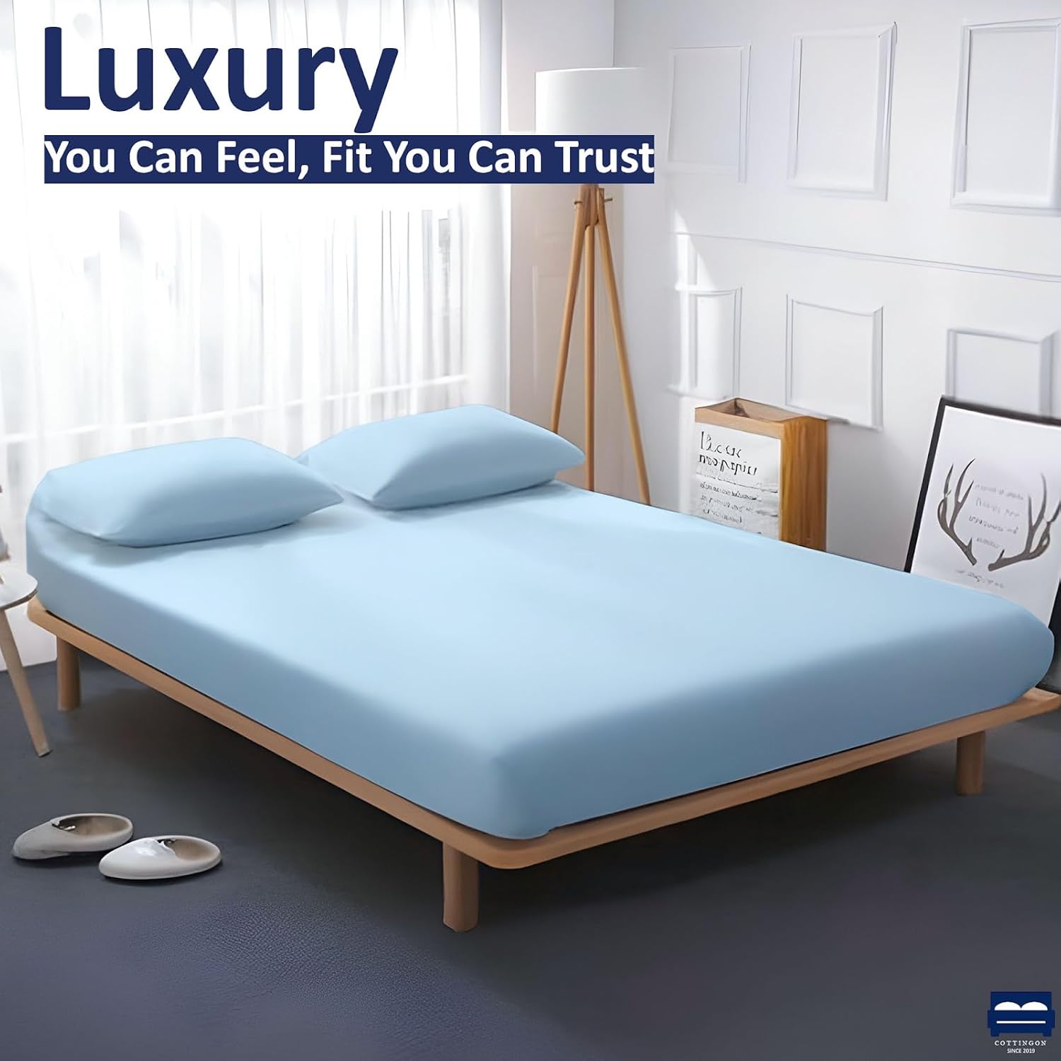 Cottingon King Size Fitted Sheet - 100% Cotton Bed Sheet, Soft & Breathable, Deep Pocket up to 15", Fully Elasticized Mattress Cover, Hotel Quality, 1 Piece Luxury Fitted Sheet Only - Light Blue