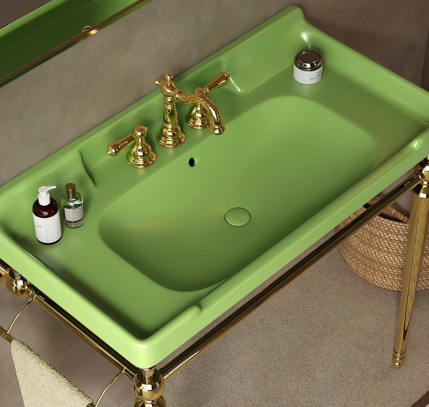 36" Bathroom Console Sink, Wall-Mounted Green Ceramic Vanity Basin with 3 Pre-drilled Faucet Holes, Freestanding Gold Stainless Steel Support Legs with Towel Bar, No Faucet - Rome, Green
