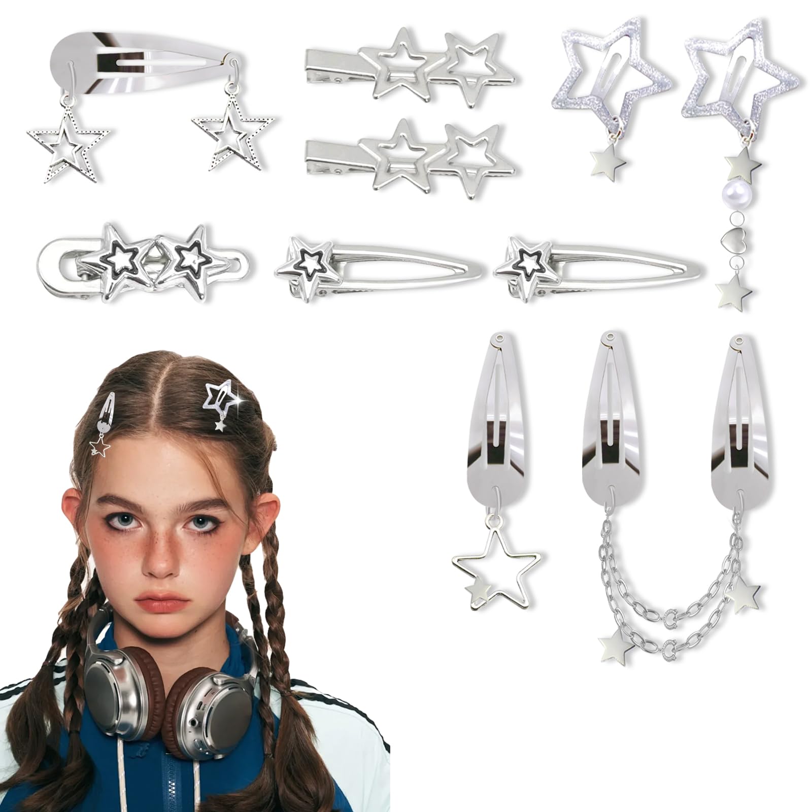 Star Hair Clips for Women, 10PCS Snap Hair Clips with 7 Unique Metal Shapes - Y2K Punk Kawaii Barrettes for Thick Fine Hair, Non Slip Grunge Rave
