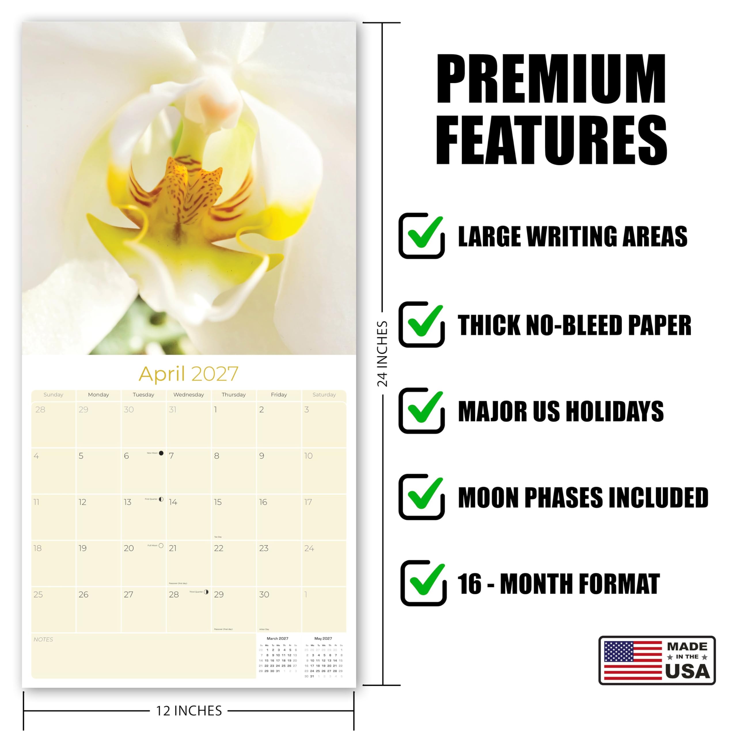 Calendario 2024 2025 con orchidee, calendario mensile da parete, 30,5 x 61 cm, aperto, carta spessa senza sbavature, idea regalo, calendario per insegnanti accademici, organizzazione e pianificazione