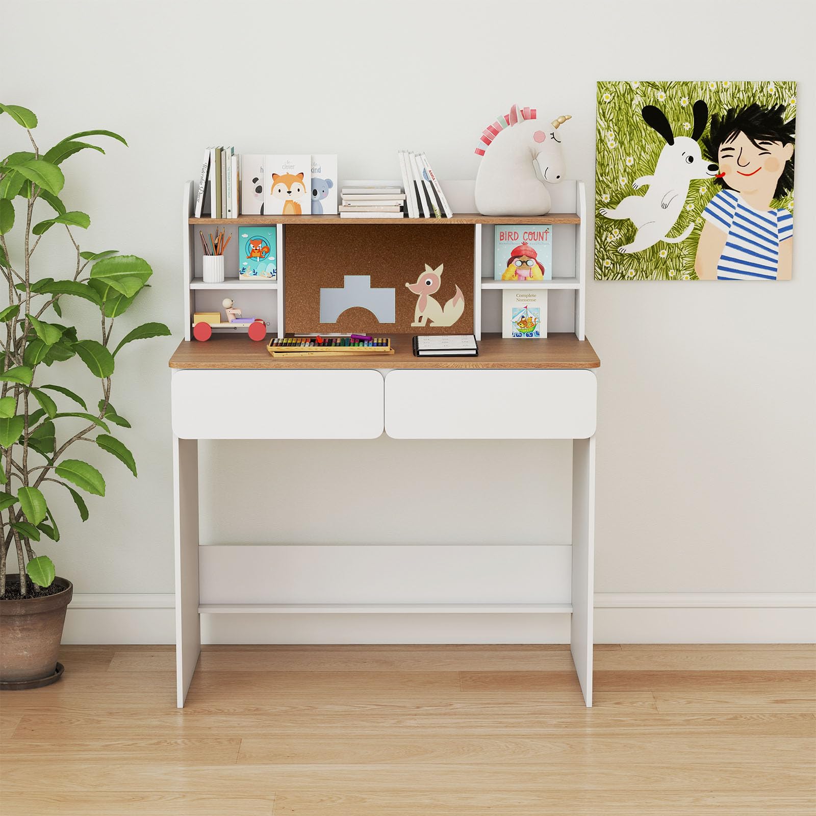 COSTWAY Schreibtisch Kinder mit Ladestation, Kinderschreibtisch aus Holz, Schülerschreibtisch mit Pinnwannd, 2 Schubladen & verstellbaren Regalen, Jugendschreibtisch für Kinder ab 6 Jahren
