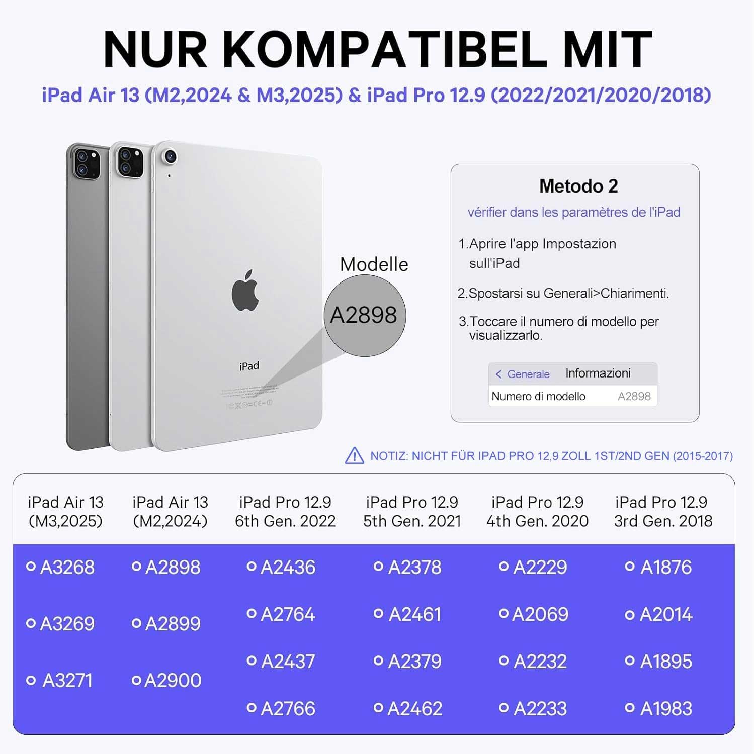 Compatibility chart showing various iPad Pro 12.9 models and their corresponding model numbers.