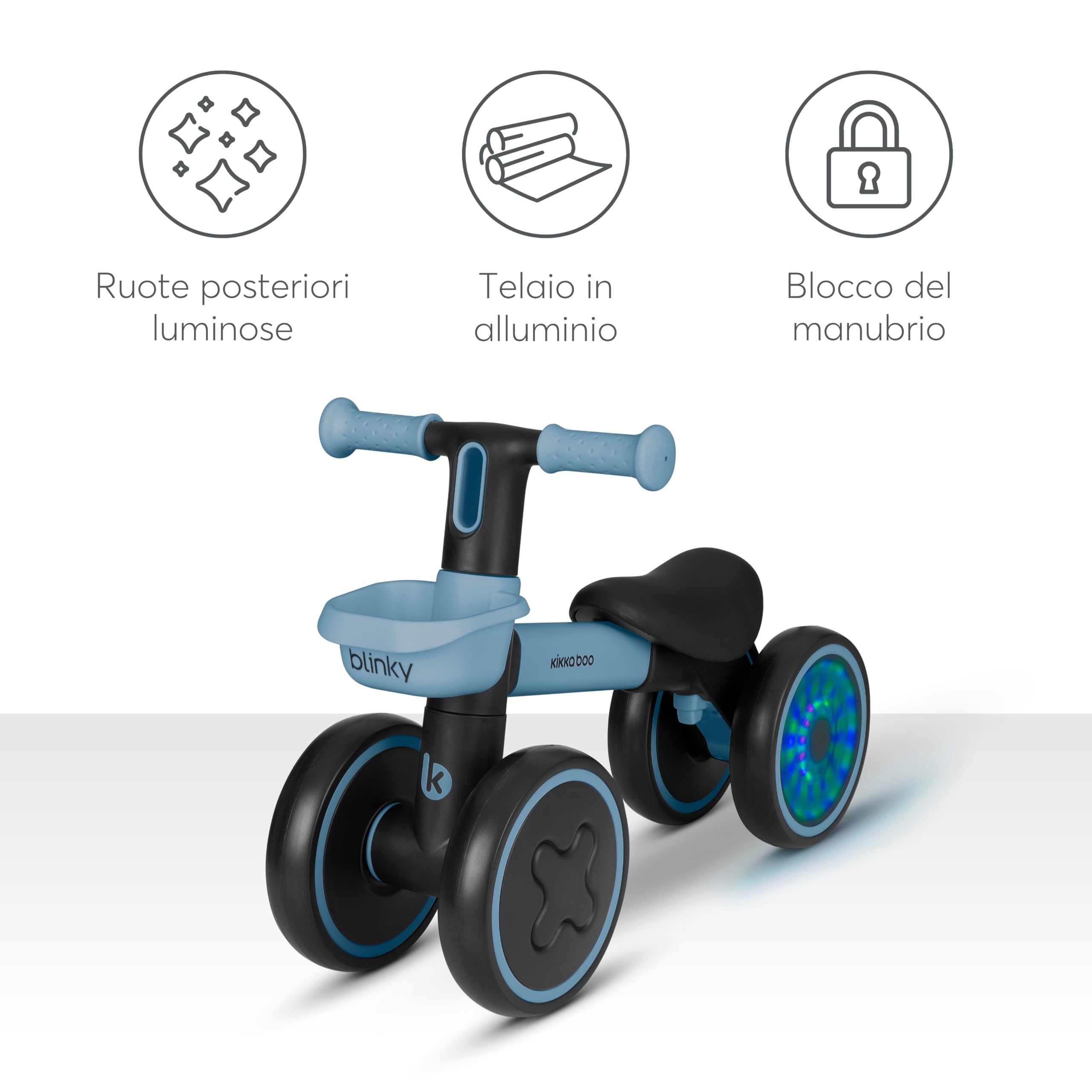KikkaBoo BLINKY Bicicletta Senza Pedali per Bambini da 1 a 3 Anni, Bici Equilibrio con Ruote Posteriori Luminose, Luci LED Integrate, Telaio Leggero in Alluminio, con Cestino
