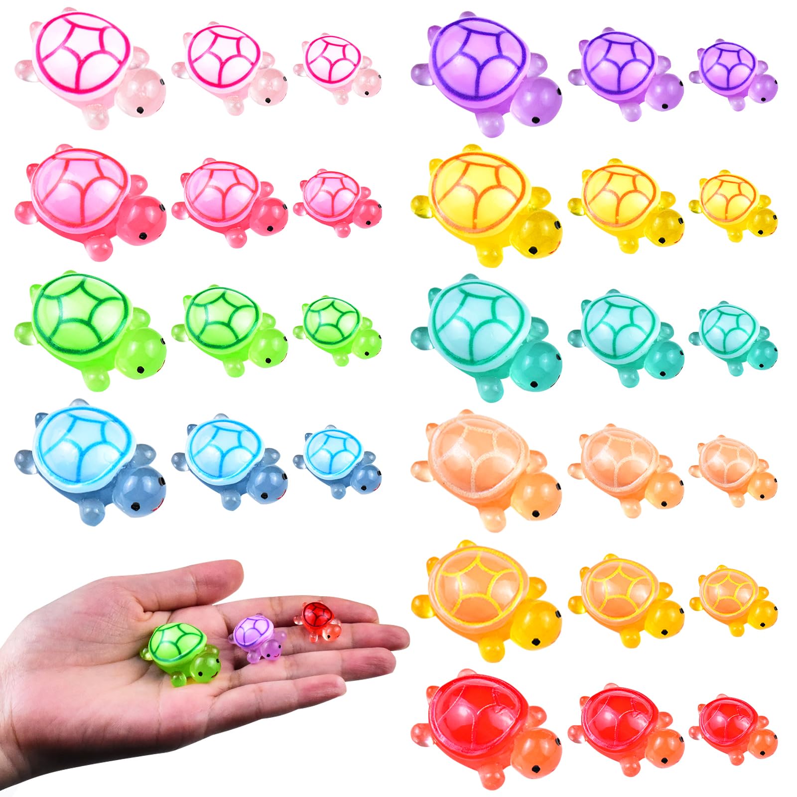 30PCS Mini Turtles Family Figurines Luminous Tiny Resin Animals Tiny Turtles for Dollhouse Fairy Garden Micro Moss Landscape Home Decor, 3 Sizes and 10 Colors