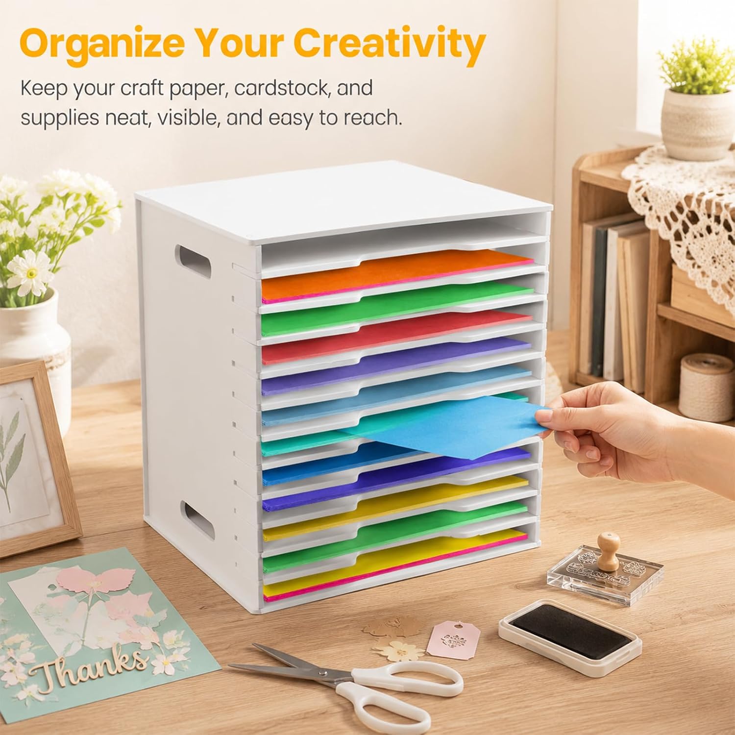 Timisea12 Tier Scrapbook Paper Organizer,White Cardstock A4 Paper Sorter Storage Rack,Scrapbook Organizer for Sizes 11" X 11" for Home Office & Classrooms,White Organizer Storage image 2