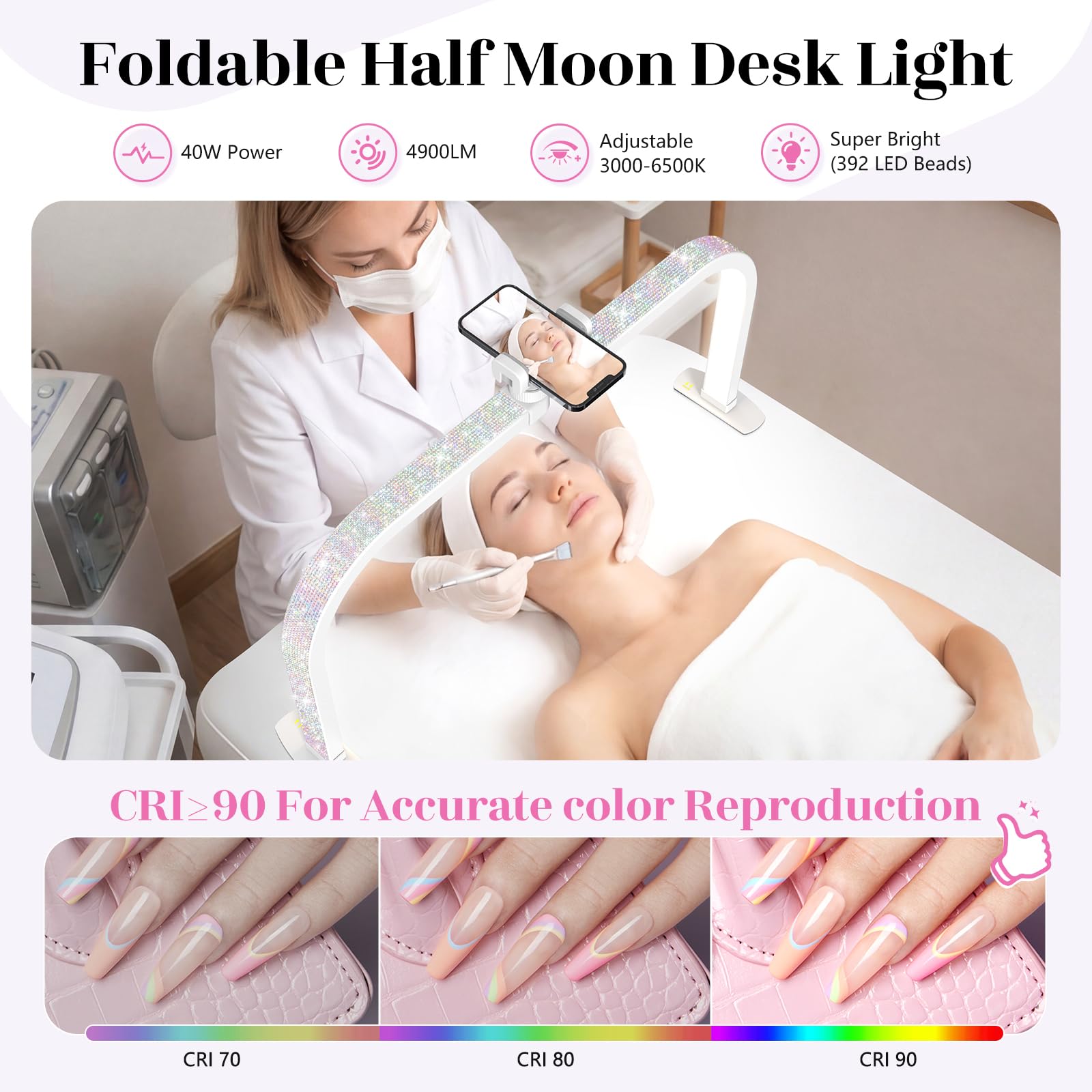 LIONVISON Halbmond Lampe 29 Zoll LED 3 Farbmodi Weiß Kristall Stil | LED Halbmondlampe mit blendarmem Licht - geeignet für Nageldesign Kosmetik und Detailarbeiten