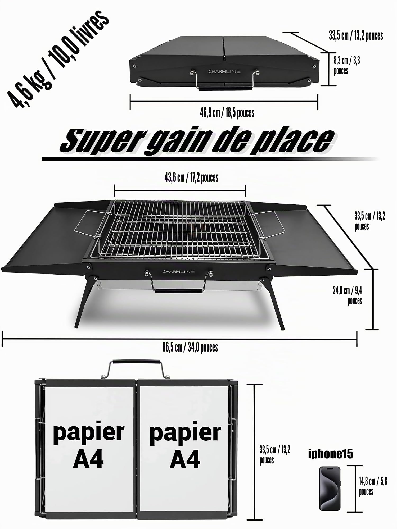 Charmline 47 x 34 cm Barbecue Portable, Gril à Charbon Compact pour 3 à 5 Personnes, Gril à Barbecue pour le Camping, les Pique-Niques, les Jardins et les Fêtes de Plage, Noir