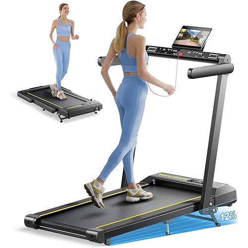 Walking Pad Treadmill with 12% Incline, 4 in 1 Folding Treadmill for Home/Office with Handle Bar, 2.5HP Under Desk Treadmills Portable Walking Pad with App & Bluetooth Speaker, 0.6-10MPH