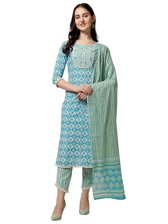 MIRCHI FASHION Women’s Straight Fit Cotton Floral Printed and Embellished Kurta Set with Trouser Pant and Dupatta – Aqua Blue, White