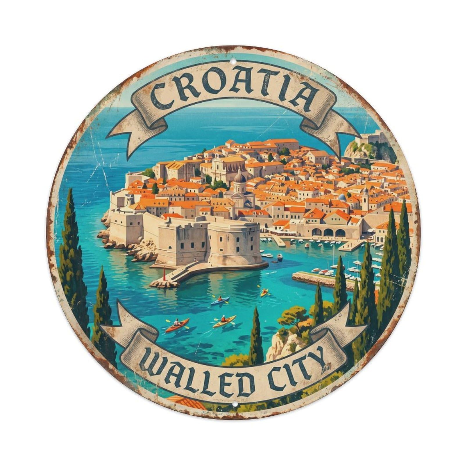 Vintage Travel Walled City Croatia Metal Tin Sign Plaque Wall Decor for Cafe, Club, Garden Round Metal Poster 8x8Inch