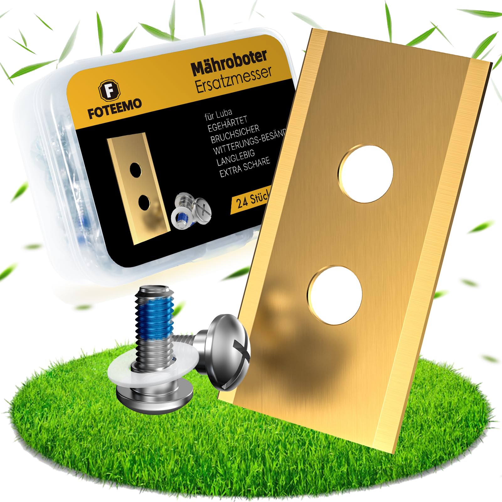 FOTEEMO Robot Mower Blades Compatible with Luba 2, 24 Pcs Titanium Replacement Lawn Mower Blades Compatible with All Mammotion Luba & Yuka Lawn Mower Replacement Blades